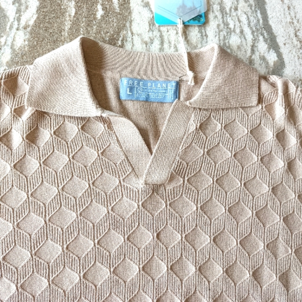 Free Planet Men's Open Collar Knit SweaterPolo Shirt New SIZE Large
